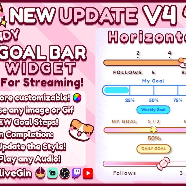 Goal Bar Widget for Streaming Fully Customizable With Your Own Images and Colors, Goals for Twitch, Youtube, Streamlabs, StreamElements, OBS