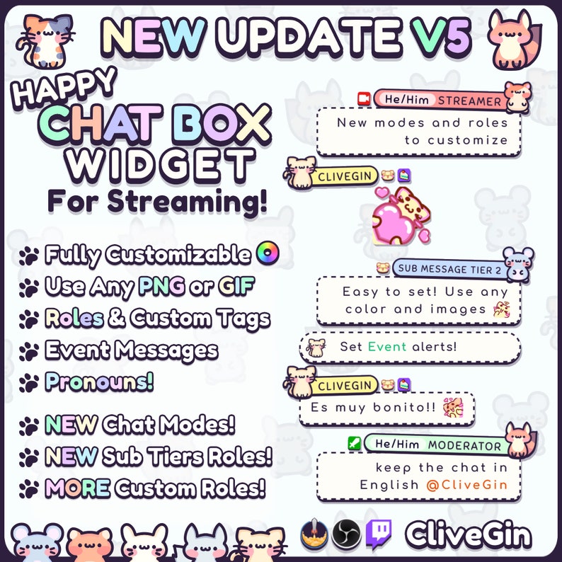 May include: A promotional graphic for a "Happy Chat Box Widget" for streaming, featuring a cartoon cat mascot. The image highlights new features like customizable roles, event messages, and pronouns. Text includes "New Update V5" and "For Streaming!"