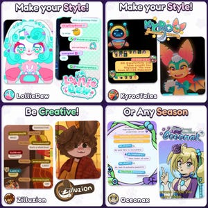 May include: A collage of digital art featuring cartoon characters and text bubbles. The art includes characters named LollieDew, KyrooTales, Zilluzion, and Oceonax. Text includes phrases like "Make your Style!" and "Be Creative!"