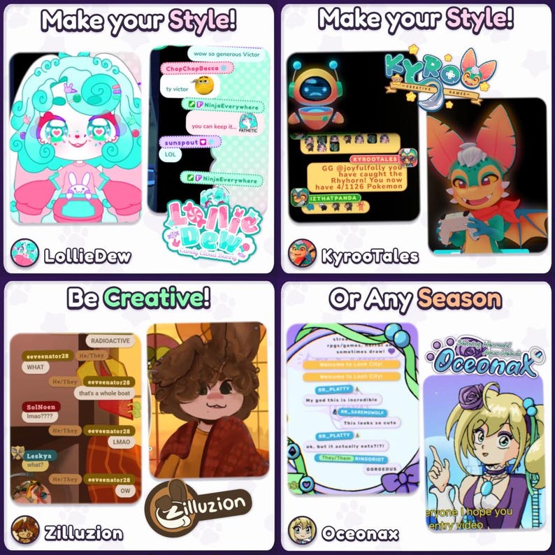 May include: A collage of digital art featuring cartoon characters and text bubbles. The art includes characters named LollieDew, KyrooTales, Zilluzion, and Oceonax. Text includes phrases like "Make your Style!" and "Be Creative!"