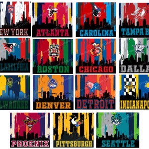 Puede incluir: Un collage de 18 horizontes de ciudades con logotipos y nombres de equipos, incluyendo Nueva York, Atlanta, Tampa Bay, Filadelfia, Boston, Chicago, Dallas, Milwaukee, Denver, Detroit, Indian&aacute;polis, Phoenix, Pittsburgh y Seattle. Los horizontes est&aacute;n pintados en un estilo grunge con rayas de colores.