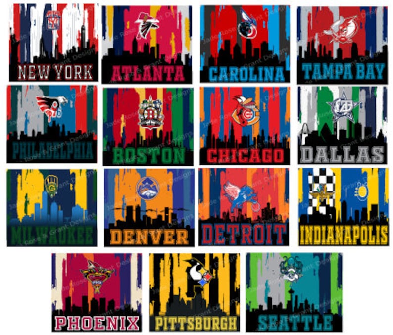 Puede incluir: Un collage de 18 horizontes de ciudades con logotipos y nombres de equipos, incluyendo Nueva York, Atlanta, Tampa Bay, Filadelfia, Boston, Chicago, Dallas, Milwaukee, Denver, Detroit, Indian&aacute;polis, Phoenix, Pittsburgh y Seattle. Los horizontes est&aacute;n pintados en un estilo grunge con rayas de colores.