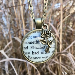 Pride and Prejudice character book page pendant keyring or necklace