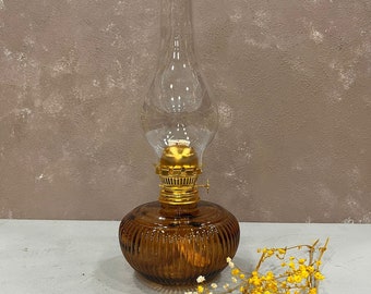 Beautiful Oil Lamp Brown Glass Vintage Design Handmade / Kerosene, Paraffin, Oil Lamp, Wall Lamp, Lantern