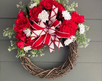 Red Peony and Gerber Daisy Wreath; Summer Grapevine Wreath; Red Peony Door Decor; Red Grapevine Wreath; Red and White Wreath; Summer Wreath