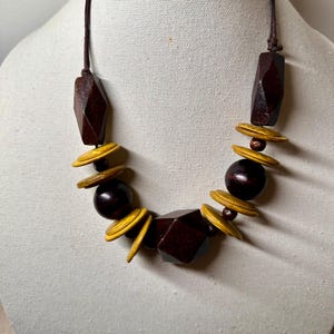 Handcrafted 11” Wooden Bead Necklace - Boho Geometric Statement Jewelry