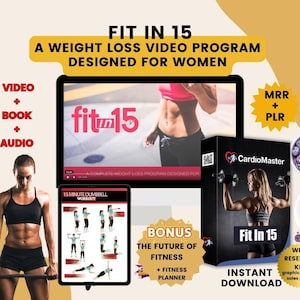 Può includere: Un prodotto digitale per la perdita di peso, chiamato "Fit in 15", include un video, un libro e audio. Il prodotto è progettato per le donne e include un pianificatore di fitness bonus. L'immagine mostra anche una donna che fa esercizio con i manubri e una sovrapposizione di testo che dice "CardioMaster".