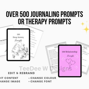 May include: An image featuring two tablets displaying journaling prompts. One tablet shows "100 Deep Anxiety Prompts" with a line drawing of a face and flowers. The other displays "100 Relationship Prompts" on a pink background.