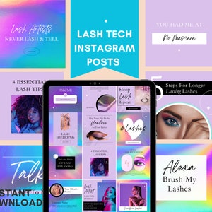 May include: A collection of colorful Instagram post templates for lash technicians. The templates feature text such as "Lash Artists Never Lash & Tell", "Sleep Lash Repeat", "Alexa Brush My Lashes", and "4 Essential Lash Tips".