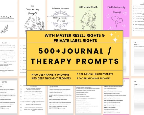 Journal Prompts Bundle Therapy Prompts MRR PLR Printable Self Help Prompts Reflection Mental Health Relationships, Canva Templates Download,