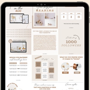 May include: A digital collage of images with text overlays. The images are in a neutral colour palette of beige and brown. The text includes "on the blog", "Your blog post heading", "New blog new blog new blog", "Text goes here", "Would you rather", "Celebrating 1000 followers", "What do you prefer when it comes to "niche"", "How to text here", "Tell your audience why they need something in their life over here", and "Common myths".