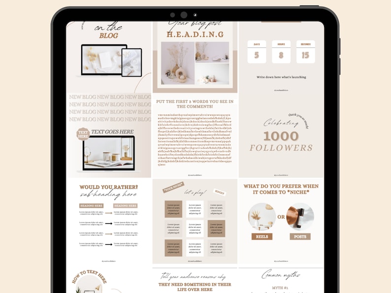 May include: A digital collage of images with text overlays. The images are in a neutral colour palette of beige and brown. The text includes "on the blog", "Your blog post heading", "New blog new blog new blog", "Text goes here", "Would you rather", "Celebrating 1000 followers", "What do you prefer when it comes to "niche"", "How to text here", "Tell your audience why they need something in their life over here", and "Common myths".