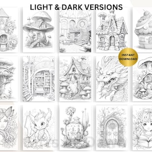 Może przedstawiać: Kolekcja czarno-białych kolorowanek fantasy. Obrazy przedstawiają fantazyjne domy, smoka, wr&oacute;żkę i inne fantastyczne stworzenia. Tekst "LIGHT & DARK VERSIONS" znajduje się na g&oacute;rze, a "INSTANT DOWNLOAD" na złotym okręgu.