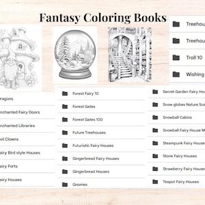 Może przedstawiać: Obraz przedstawia "Fantasy Coloring Books" z czarno-białymi ilustracjami scen fantasy, w tym domem gnoma, kulą śnieżną i biblioteką. Wymienia tematy takie jak smoki, domy wr&oacute;żek i domki na drzewach do kolorowania.