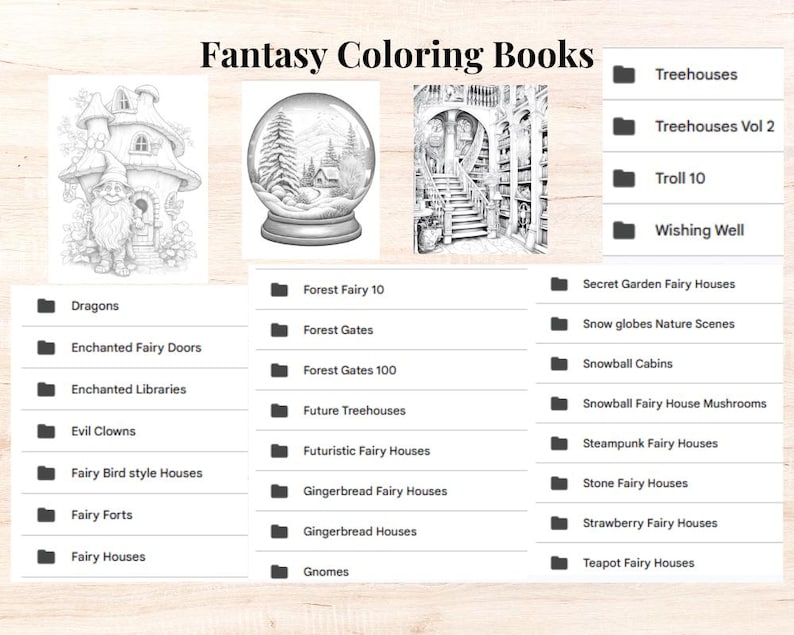 Może przedstawiać: Obraz przedstawia "Fantasy Coloring Books" z czarno-białymi ilustracjami scen fantasy, w tym domem gnoma, kulą śnieżną i biblioteką. Wymienia tematy takie jak smoki, domy wr&oacute;żek i domki na drzewach do kolorowania.