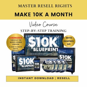 May include: A digital product mockup featuring the text "$10K Blueprint" and "Make 10K a Month" in a yellow and black colour scheme. The image includes a laptop, tablet, and phone displaying the product, along with a bonus offer for an audio course and a reseller kit.