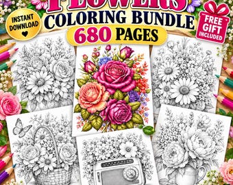 May include: A digital coloring bundle featuring 680 pages of floral illustrations. The collection includes black and white line art of flower bouquets, a basket, and a vintage radio, alongside a central full-color rose bouquet image.
