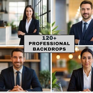 May include: A composite image featuring four professional headshots of individuals in business attire. The central text reads "120+ PROFESSIONAL BACKDROPS". The images are set in office environments, suggesting a business or professional theme.