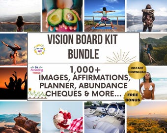 Può includere: Kit di vision board con oltre 1.000 immagini, affermazioni, planner, assegni di abbondanza e molto altro. Download istantaneo con un bonus gratuito. Il kit include una varietà di immagini, tra cui una donna che fa yoga, un'auto, un tramonto e una mongolfiera.