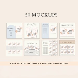 May include: A set of 50 printable mockups featuring a light blue and beige color scheme with floral accents. The mockups are designed for use with Canva and include various layouts for product titles, images, and descriptions. The text "Easy to edit in Canva + Instant Download" is included at the bottom of the image.