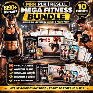 Fitness Bundle PLR MRR 1990+ Templates, Fitness Videos Protein Snacks, Checklists Health Wellness Gym Personal Trainer Download