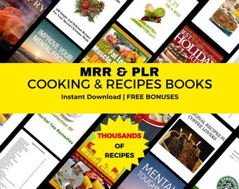 May include: A promotional image featuring a collection of cookbooks and recipe guides. The image includes various book covers with titles like "100 Simple And Delicious Recipes" and "Best Holiday Recipes". A yellow banner displays "MRR & PLR COOKING & RECIPES BOOKS".