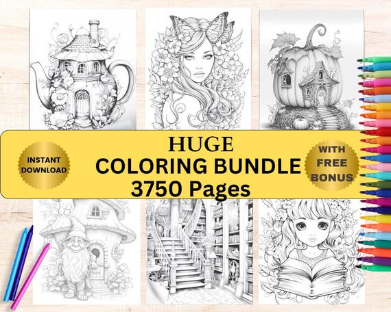 3750 Coloring Pages for Adults Fantasy Coloring Books Bundle Stress Relief Colouring Pages KDP, Grayscale Light Dark Coloring Bonus