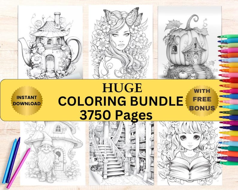 Może przedstawiać: Kolekcja czarno-białych kolorowanek z fantazyjnymi ilustracjami. Obrazy obejmują dom w kształcie czajnika, kobietę ze skrzydłami motyla, dom z dyni, dom krasnala, bibliotekę i dziewczynkę czytającą. Tekst brzmi "HUGE COLORING BUNDLE 3750 Pages".