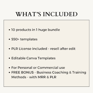 May include: A list of what's included in a digital product bundle. The bundle includes 10 products, 550+ templates, a PLR license, editable Canva templates, and a free bonus of business coaching and training methods. The bundle is for personal or commercial use.