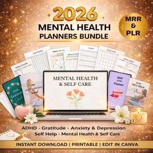 MRR 2026 Mental Health Planners Bundle, Master Resell Rights, PLR, ADHD Planner, Editable in Canva Templates, Anxiety Depression, Download