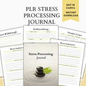 May include: A printable stress processing journal with pages for stress walkthrough, problem solving, worry exploration, and thoughts tracker. The cover features a zen garden with stones and a green leaf.