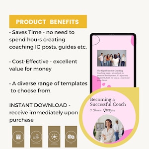 May include: A digital product for coaches, featuring a pink and yellow design with the text "Becoming a Successful Coach 3 Proven Strategies". The image also includes a group of people and a woman smiling. The product is available for instant download.