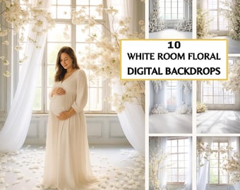 White Floral Room Backgrounds Bundle, 10 Floral Arch Room Backgrounds, Pregnancy Portraits, UHD Digital Download JPG, 2 Bonuses