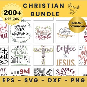 Könnte beinhalten: Ein digitales Download-Paket mit über 200 christlichen SVG-, DXF-, EPS- und PNG-Dateien. Das Bild zeigt eine Collage aus 12 Designs mit inspirierenden Zitaten und Sätzen, darunter "Blessed Mama", "You are God's Masterpiece", "Let us Rejoice", "Strong and Courageous", "Do not let your heart be troubled, trust in God", "Simply Blessed", "Your Grace is Sufficient", "Lord will fight for you", "Coffee and Jesus", "It is well with my soul", "Spirit lead me", "With God all things are possible", "As for me and my house, we will serve the Lord", and "Rejoice in the Lord".