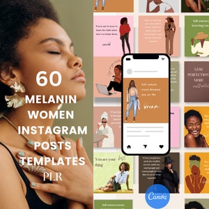 May include: A collection of 60 Instagram post templates featuring illustrations of women with brown skin. The text on the templates includes quotes about self-esteem, dreams, and authenticity. The templates are designed to be used by women of color to share their stories and inspire others.