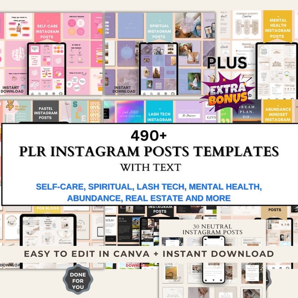 PLR Instagram Posts Templates Bundle, 490+ Canva Templates, Instagram posts with content, Instant Download, Social Media Templates