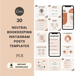 May include: A set of 30 neutral-toned Instagram post templates for bookkeeping businesses. The templates feature various topics such as meeting your bookkeeper, benefits of bookkeeping, bookkeeping mistakes, how to improve financial literacy, bookkeeping strategies, what bookkeeping includes, and the secret to financial growth. The templates also include a call to action to visit the website www.reallygreatsite.com.