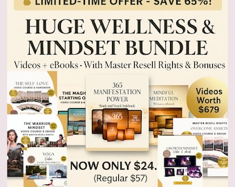 Könnte beinhalten: Ein digitales Wellness- und Mindset-Paket mit mehreren Videokursen und E-Books, darunter Titel wie 365 Manifestation Power, The Warrior Mindset und Mindful Meditation. Die Grafik enthält Text über Master-Resell-Rechte und Bonusmaterialien.