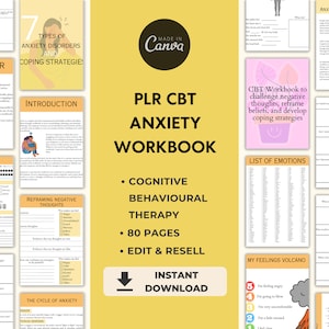 May include: A printable workbook with a yellow background and a pink title card that says "PLR CBT Anxiety Workbook". The workbook is designed to help people challenge negative thoughts, reframe beliefs, and develop coping strategies. It includes sections on cognitive behavioural therapy, a list of emotions, and a mood journal.