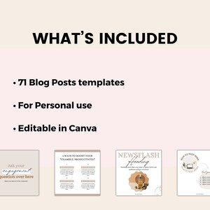 May include: A digital product listing for 71 blog post templates, editable in Canva, for personal use. The image shows four different templates with text that says "Ask your engagement question over here", "4 Ways to Boost Your "Example: Productivity"", "NEWSFLASH Heading", and "How to Text Here".