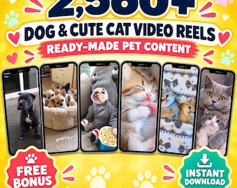 May include: A digital graphic featuring the text 2,560+ DOG & CUTE CAT VIDEO REELS READY-MADE PET CONTENT. The image displays six smartphone screens showing various videos of dogs and cats, surrounded by paw print icons and yellow background.