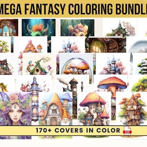 Może przedstawiać: Kolekcja okładek książek do kolorowania fantasy z fantazyjnymi ilustracjami dom&oacute;w wr&oacute;żek, grzyb&oacute;w i fantastycznych stworzeń. Wyświetlany jest tekst "MEGA FANTASY COLORING BUNDLE" i "170+ COVERS IN COLOR".