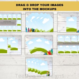 Pode incluir: Modelos de maquete para produtos digitais, com um c&eacute;u azul com nuvens brancas e grama verde. O texto "DRAG & DROP YOUR IMAGES INTO THE MOCKUPS" est&aacute; no topo da imagem. O texto "YOUR TEXT HERE COLOUR AND FONT IS EDITABLE" est&aacute; em uma das maquetes. O texto "YOUR TEXT/FONT/COLOUR HERE" est&aacute; em outra maquete.