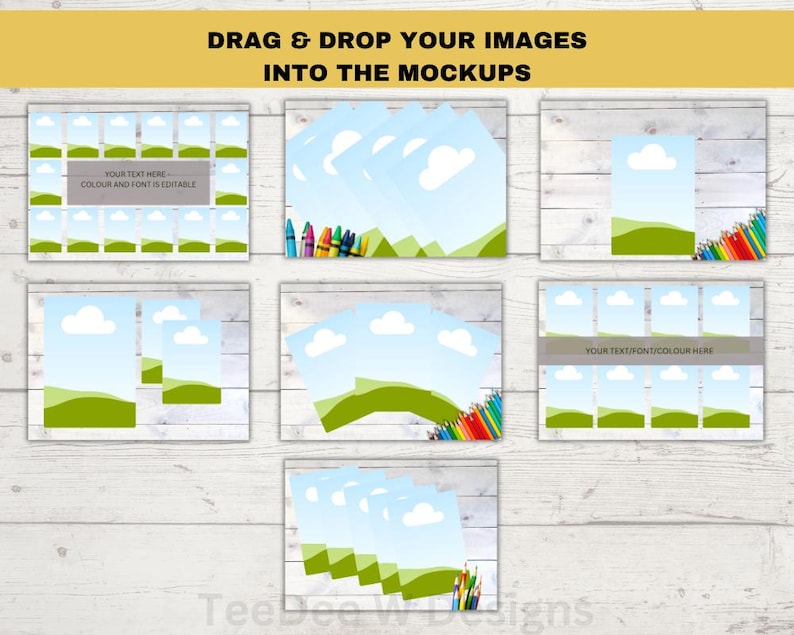 Pode incluir: Modelos de maquete para produtos digitais, com um c&eacute;u azul com nuvens brancas e grama verde. O texto "DRAG & DROP YOUR IMAGES INTO THE MOCKUPS" est&aacute; no topo da imagem. O texto "YOUR TEXT HERE COLOUR AND FONT IS EDITABLE" est&aacute; em uma das maquetes. O texto "YOUR TEXT/FONT/COLOUR HERE" est&aacute; em outra maquete.