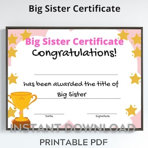 Certificado de hermana mayor imprimible - para niños - nuevo regalo de recuerdo de hermano - Tamaños de carta A4 y EE. UU. Descarga instantánea