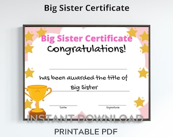 Big Sister Certificate Printable - for kids - new Sibling Keepsake gift - A4 & US Letter sizes Instant Download