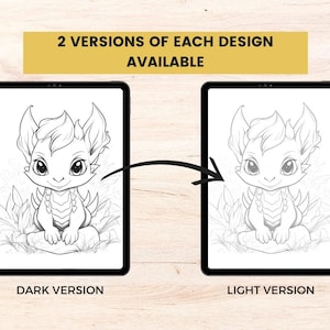 Może przedstawiać: Dwie cyfrowe ilustracje uroczego smoka, jedna w ciemnej wersji i druga w jasnej wersji, są wyświetlane na tabletach. Tekst "2 VERSIONS OF EACH DESIGN AVAILABLE" znajduje się u g&oacute;ry. Smok siedzi w trawie.