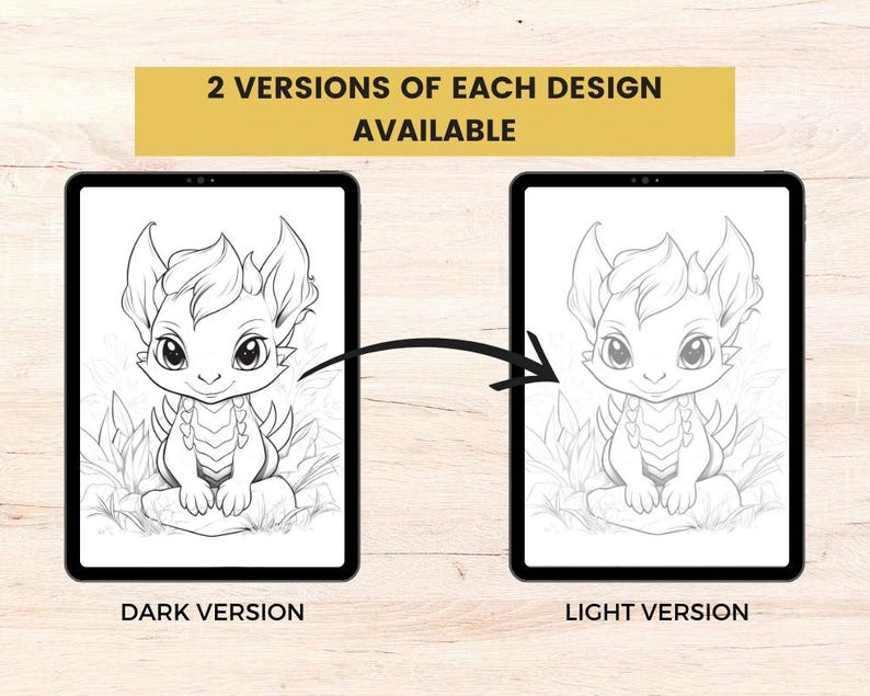Może przedstawiać: Dwie cyfrowe ilustracje uroczego smoka, jedna w ciemnej wersji i druga w jasnej wersji, są wyświetlane na tabletach. Tekst "2 VERSIONS OF EACH DESIGN AVAILABLE" znajduje się u g&oacute;ry. Smok siedzi w trawie.