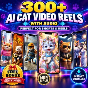 May include: A digital graphic featuring the text 300+ AI CAT VIDEO REELS WITH AUDIO, PERFECT FOR SHORTS & REELS, FREE BONUS INSTAGRAM REEL HOOKS & CAPTIONS, and MRR & PLR. Six smartphones display various AI-generated cat images against a neon background.