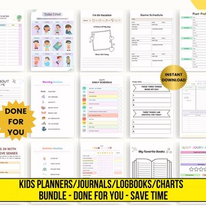 May include: A bundle of printable kids' planners, journals, and charts, including a homework tracker, daily schedule, and sleep journal. The pages are designed to save time and are available for instant download.